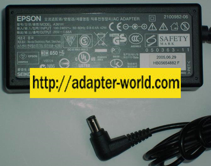 EPSON A361H AC ADAPTER 20VDC 1.68A POWER SUPPLY - Click Image to Close