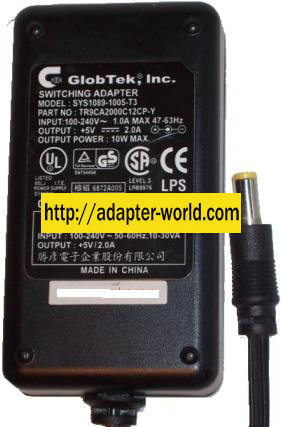 GLOBTEK SYS1089-1005-T3 AC Adapter 5Vdc 2A -( ) 2x5.5mm New POW