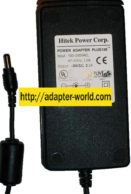 HITEK POWER PLUS120 AC ADAPTER 20VDC 2.5A New -( ) 2.5x5.5mm 10 - Click Image to Close