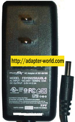 ILLUMFX FSY050250UU0L-9 AC ADAPTER 5V DC 2.5A POWER SUPPLY - Click Image to Close