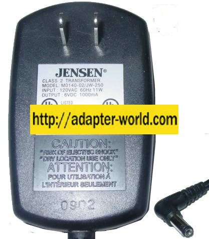 JENSEN M0140-02/JW-250 AC ADAPTER 6VDC 100mA -( ) 2x5.5mm 120Vac - Click Image to Close