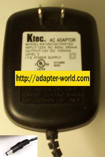 KTEC KA12D120100015U AC ADAPTER 12Vdc 1000mA -( )- 2.5x5.5mm LEV - Click Image to Close