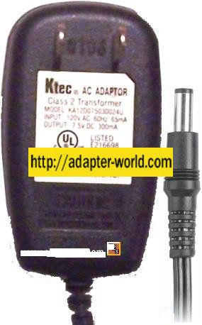 Ktec KA12D075030024U AC ADAPTER 7.5VDC 300mA -( )- 120vac 2x5.5m - Click Image to Close