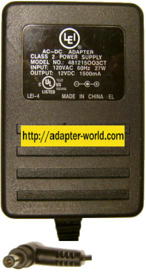 LEI 481215003CT AC ADAPTER 12Vdc 1.5A -( ) 2x5.5mm New 120vac L