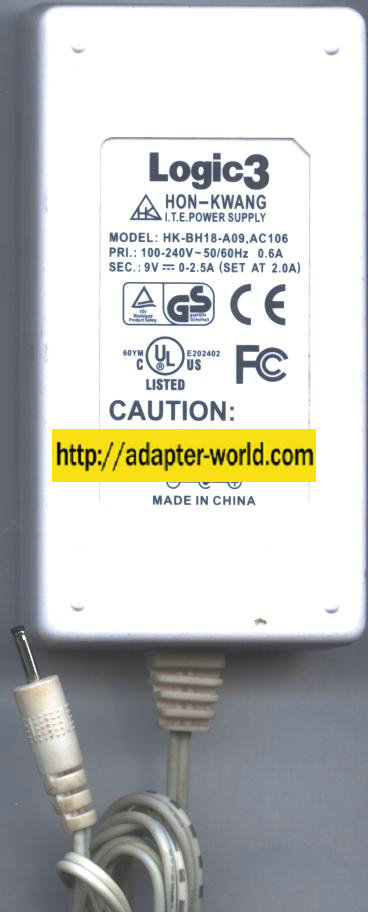 LOGIC3 HK-BH18-A09, AC106 AC Adapter 9Vdc 2.5A -( ) HON-KWANG I. - Click Image to Close