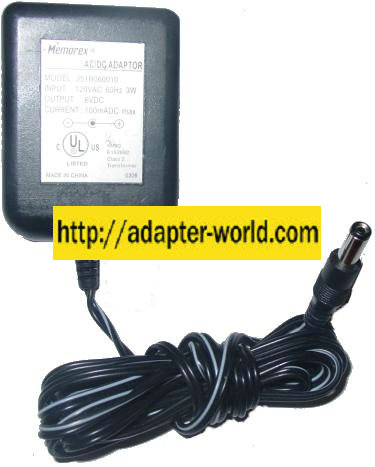 MEMOREX 351R060010 AC ADAPTER 6VDC 100mA POWER SUPPLY - Click Image to Close
