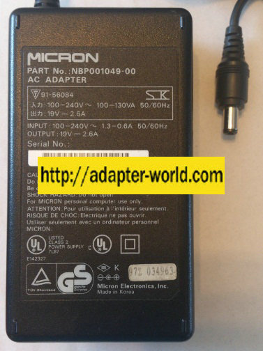 MICRON NBP001049-00 AC ADAPTER 19VDC 2.6A NEW 2.2 x 5.5 x 9.4mm - Click Image to Close