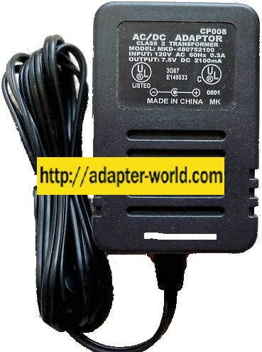 MKD-48752100 AC ADAPTER 7.5VDC 2100MA 30W CP008 CLASS 2 TRANSFOR - Click Image to Close