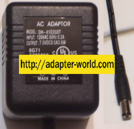 OH-41035DT AC DC ADAPTER 7.5V 0.5A 3.8W POWER SUPPLY CLASS 2 TRA - Click Image to Close