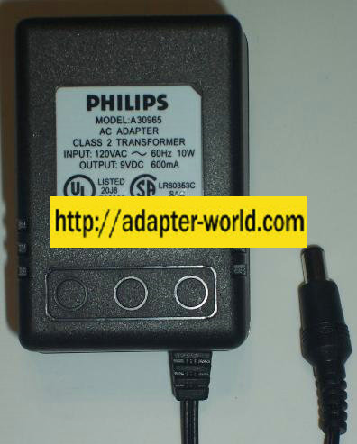 PHILIPS A30965 AC DC ADAPTER 9V 600MA POWER SUPPLY - Click Image to Close
