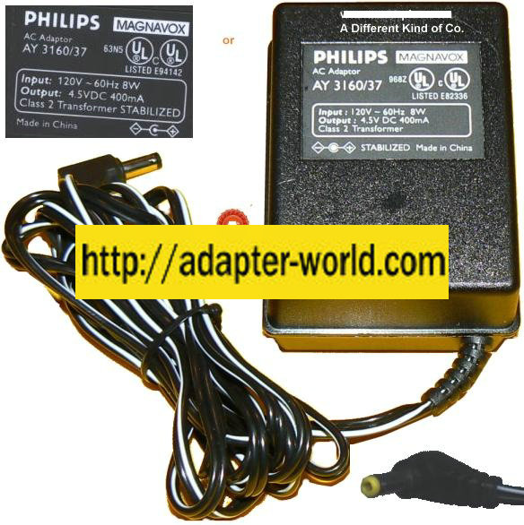 PHILLIPS AY3160/37 AC ADAPTER 4.5Vdc 400mA 90 ° 1.6x4mm -( ) New - Click Image to Close