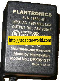 PLANTRONICS DPX351317 AC ADAPTER 7.5VDC 200mA 18685-01 POWER SU - Click Image to Close