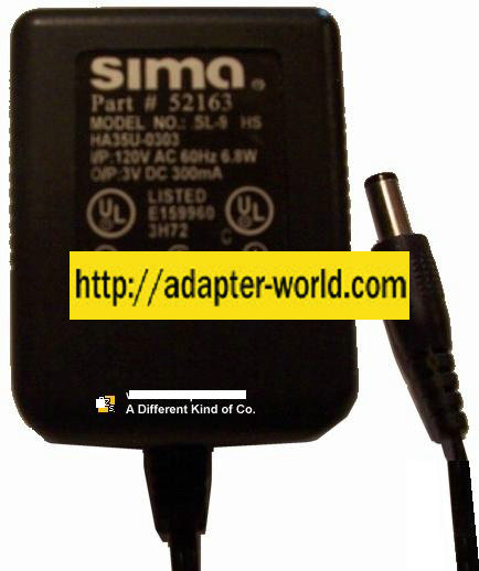 SIMA SL-9 HS HA35U-0303 AC ADAPTER 3Vdc 300mA -( ) New 2x5.5mm - Click Image to Close