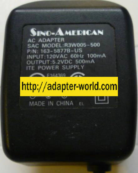 SINO-AMERICAN R3W005-500 AC ADAPTER 5.2VDC 500mA POWER SUPPLY - Click Image to Close