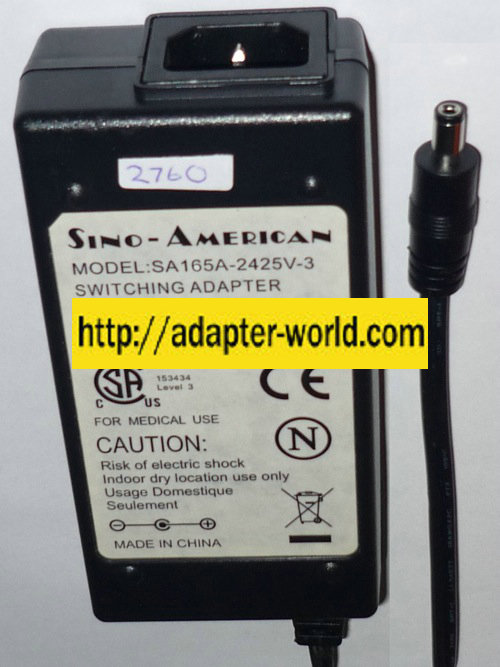 SINO-AMERICAN SA165A-2425V-3 AC ADAPTER 24VDC 2.5A POWER SUPPLY