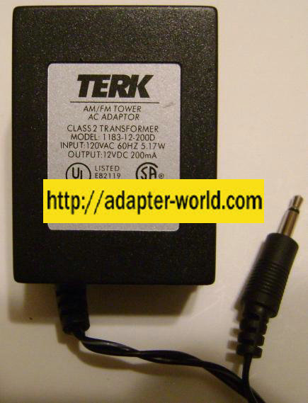 TERK 1183-12-200D AC DC ADAPTER 12V 200MA POWER SUPPLY CLASS 2