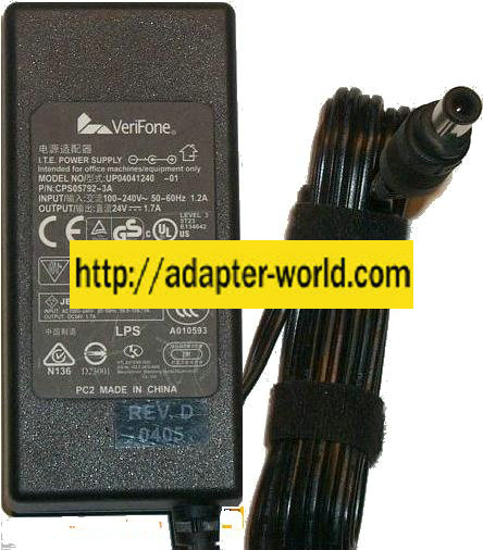 VeriFone UP04041240 AC Adapter 24V DC 1.7A Power Supply CPS05792 - Click Image to Close