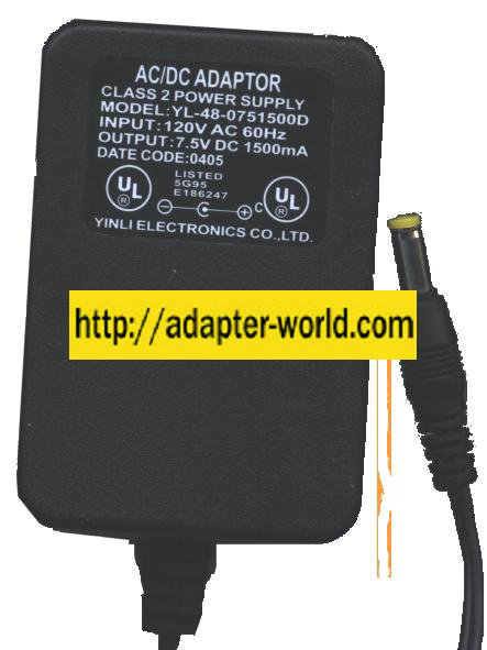 YINLI YL-48-0751500D AC DC ADAPTER 7.5V 1500mA - Click Image to Close