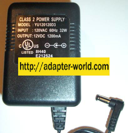 YU120120D3 AC ADAPTER 12VDC 1200mA -( )- POWER SUPPLY