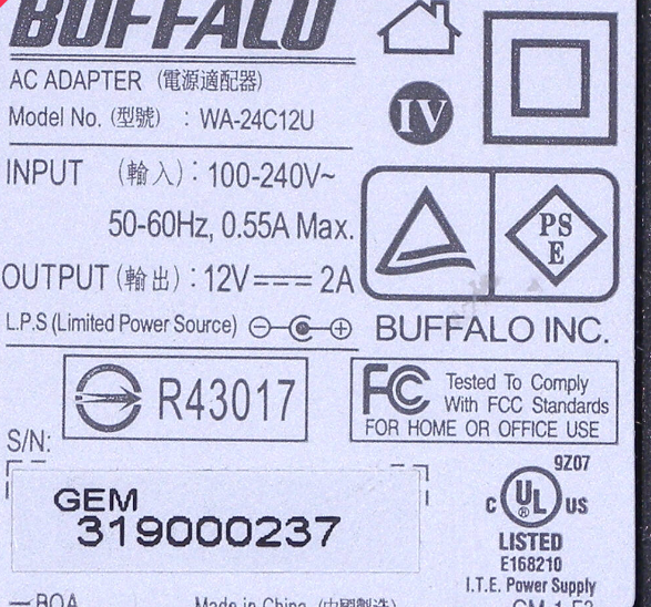 *Brand NEW*BUFFALO 12V 12.0V 2A 2.0A 2000mA AC/DC ADAPTER WA-24C12U Power Supply