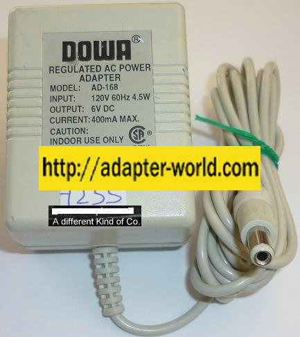 NEW 6VDC 400mA USED +(-) 2x5.5x10mm ROUND BARREL REGULATED TRANSFORMER DOWA AD-168 AC ADAPTER POWER SUPPLY - Click Image to Close