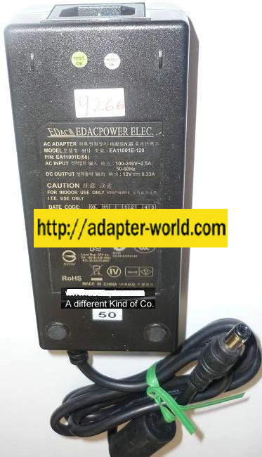 NEW 12VDC 8.33A USED -(+) 3x6.5x11mm ROUND BARREL EDAC POWER EA11001E-120 AC ADAPTER POWER SUPPLY