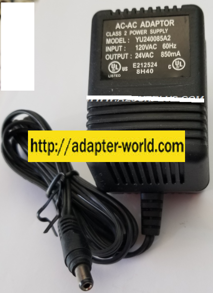 *NEW* 24VAC 850mA USED ~(~) 2x5.5x9mm ROUND BARREL CLASS 2 YU240085A2 AC ADAPTER POWER SUPPLY - Click Image to Close