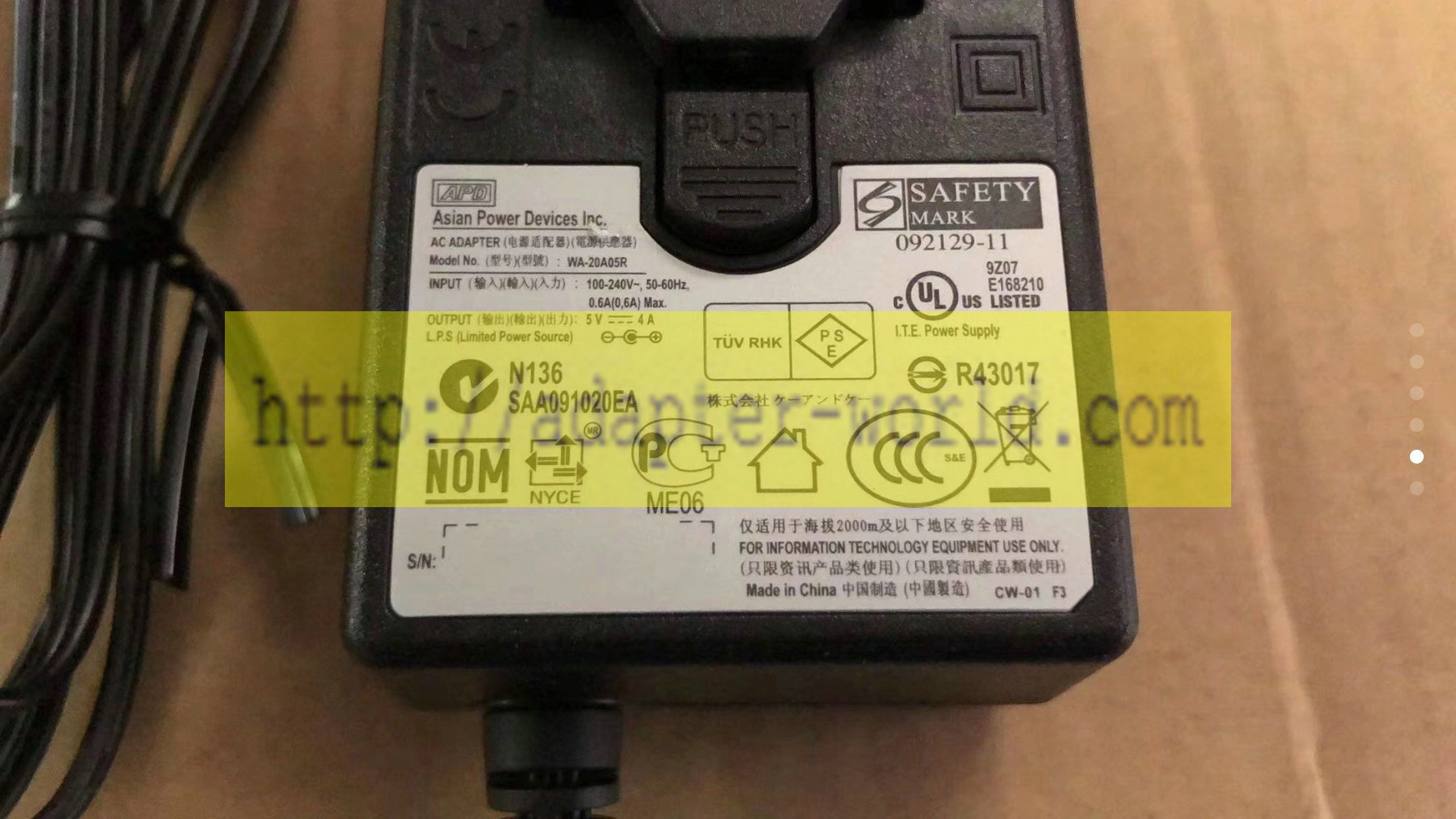 *Brand NEW* APD 5V 4A AC DC Adapter WA-20A05R POWER SUPPLY
